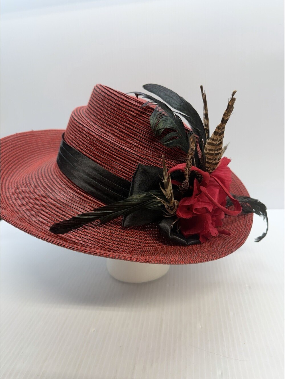 Preston & York Vibrant Red Fabric Flower & Feather Church Hat Woven Straw